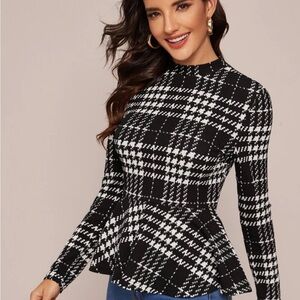 SHEIN Black and White Plaid Peplum Top